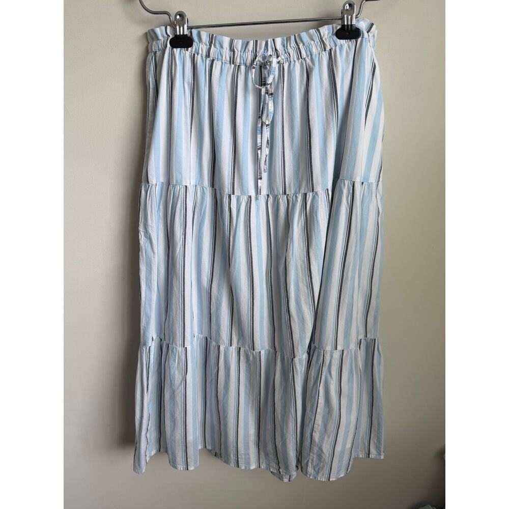 J. Crew Striped Paper-Bag Tiered A-Line Midi Skirt White Glazed Sky Antiq Large - Picture 2 of 10
